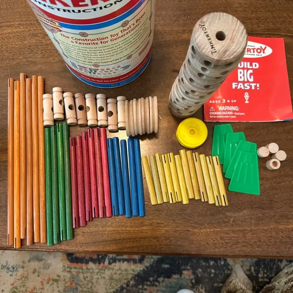 Vintage Tinkertoy Junior Builder Set Incomplete Wood Pieces Tin Guide Kidcore